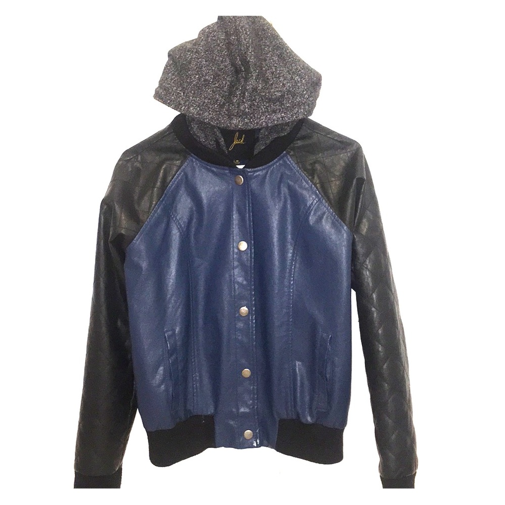 Blue and black faux leather bomber jacket